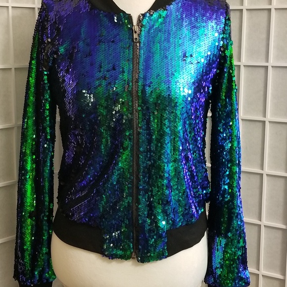 Iridescent peacock green sequined jacket sz 8 - Picture 3 of 8